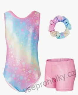 Set gymnastický dres bez rukávů s kraťasy + gumička – duhový