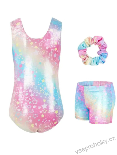 Set gymnastický dres bez rukávů s kraťasy + gumička – duhový