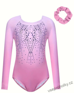 Růžový zdobený gymnastický dres s dlouhým rukávem