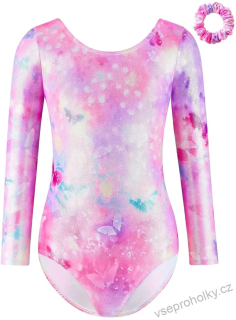 Gymnastický dres – růžový, trpělivý s motýlky