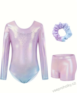 Dívčí gymnastický set ombré s kamínky – dres, kraťasy a gumička